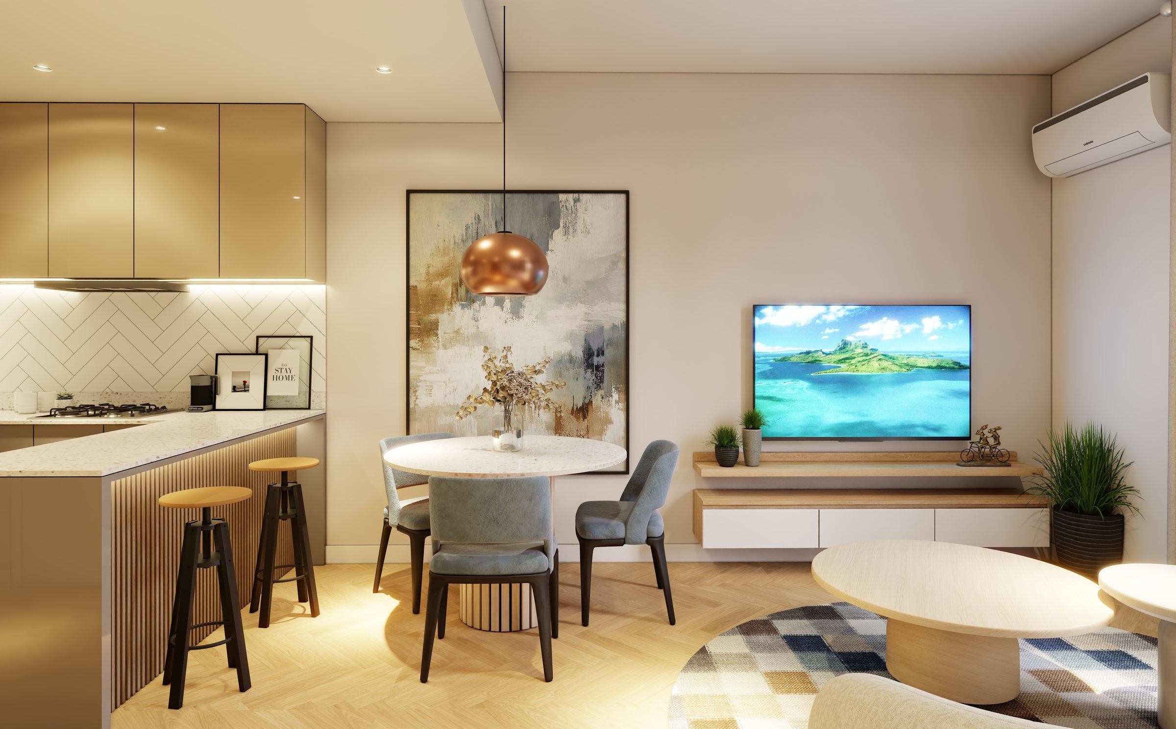 Inside a 1-Bed at Fitzgerald Place — living, dining and the kitchen bar beyond