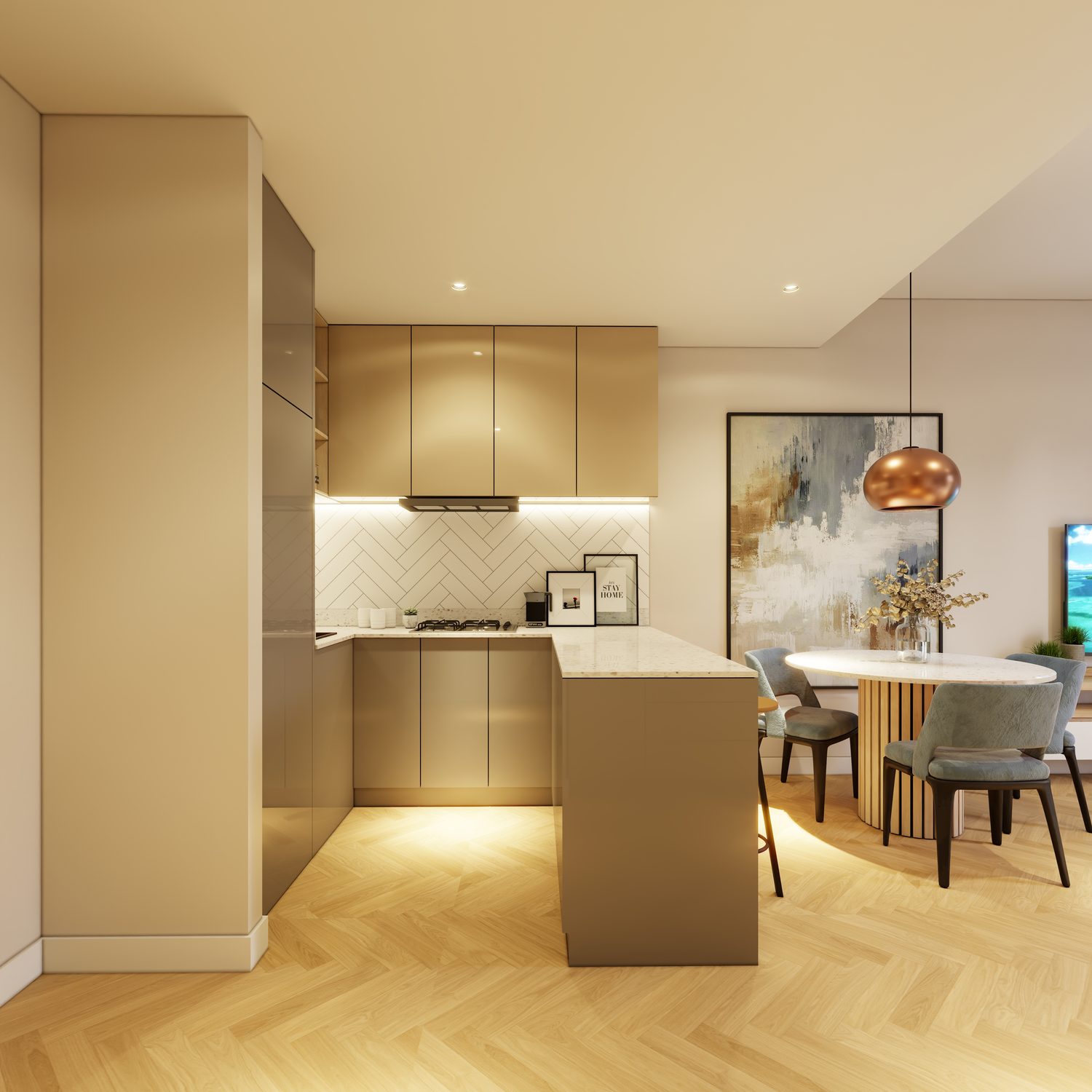 Kitchen and island